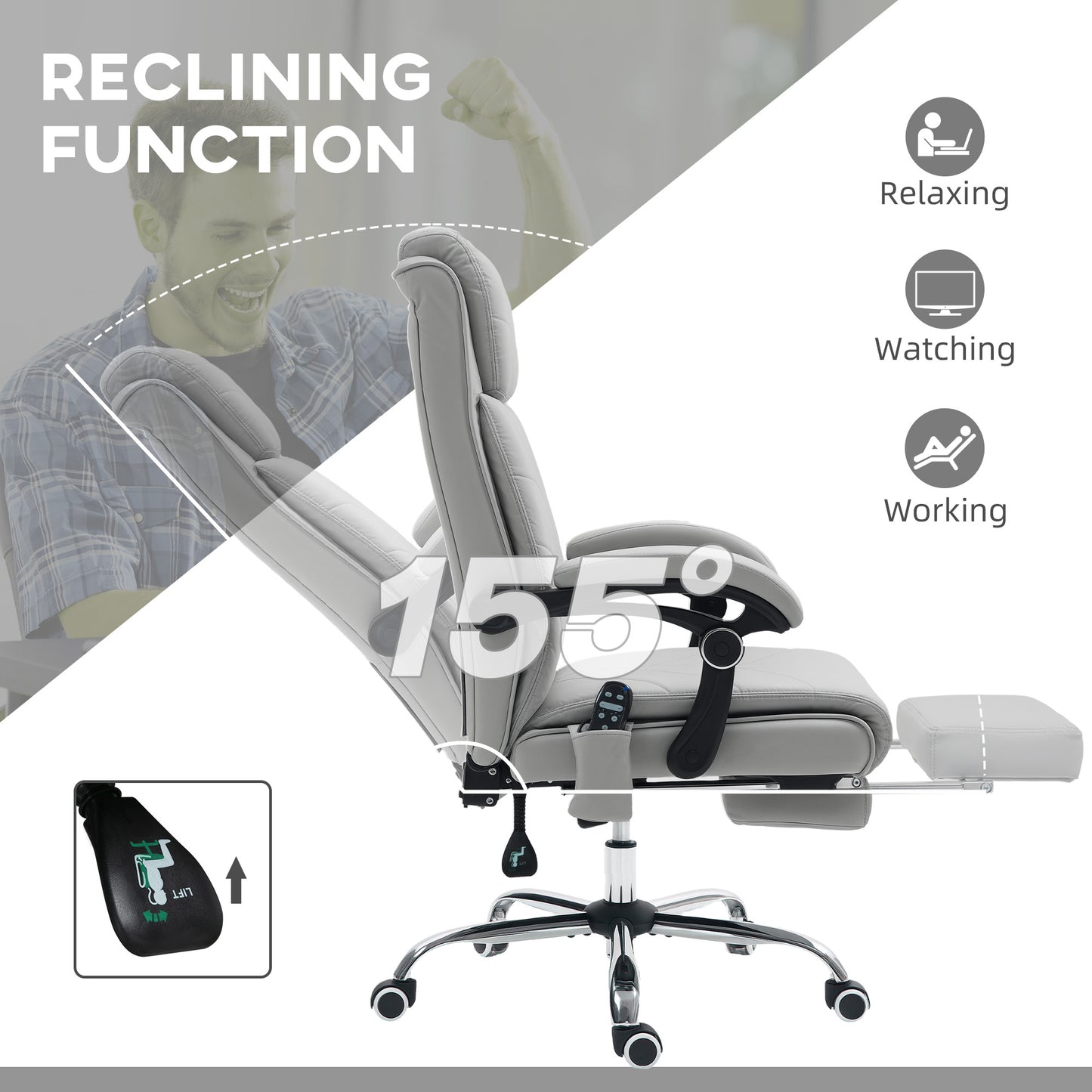 Faux Leather Massage Office Chair | 4 Point Vibration | Lumbar Heat | 3 Modes & Timer | Remote | 135° Recline & Footrest | 45-53cm Seat Height | 120kg | Light Grey