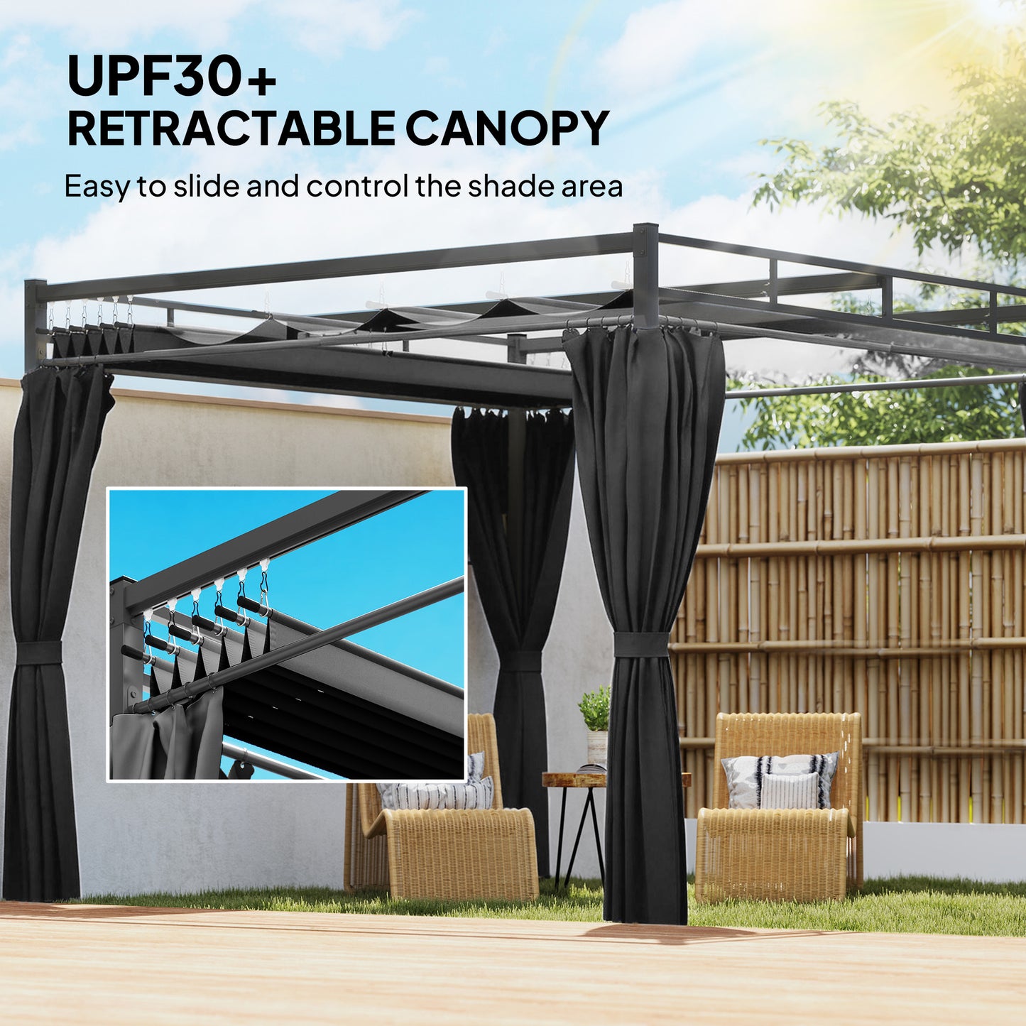 3 x 3 m Pergola with Retractable Roof Canopy and Curtains, UPF30+ Metal Frame Garden Pergola Gazebo Sun Shade, Dark Grey
