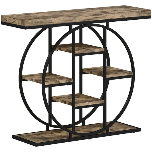Industrial Console Table with Storage Shelves - Rustic Brown