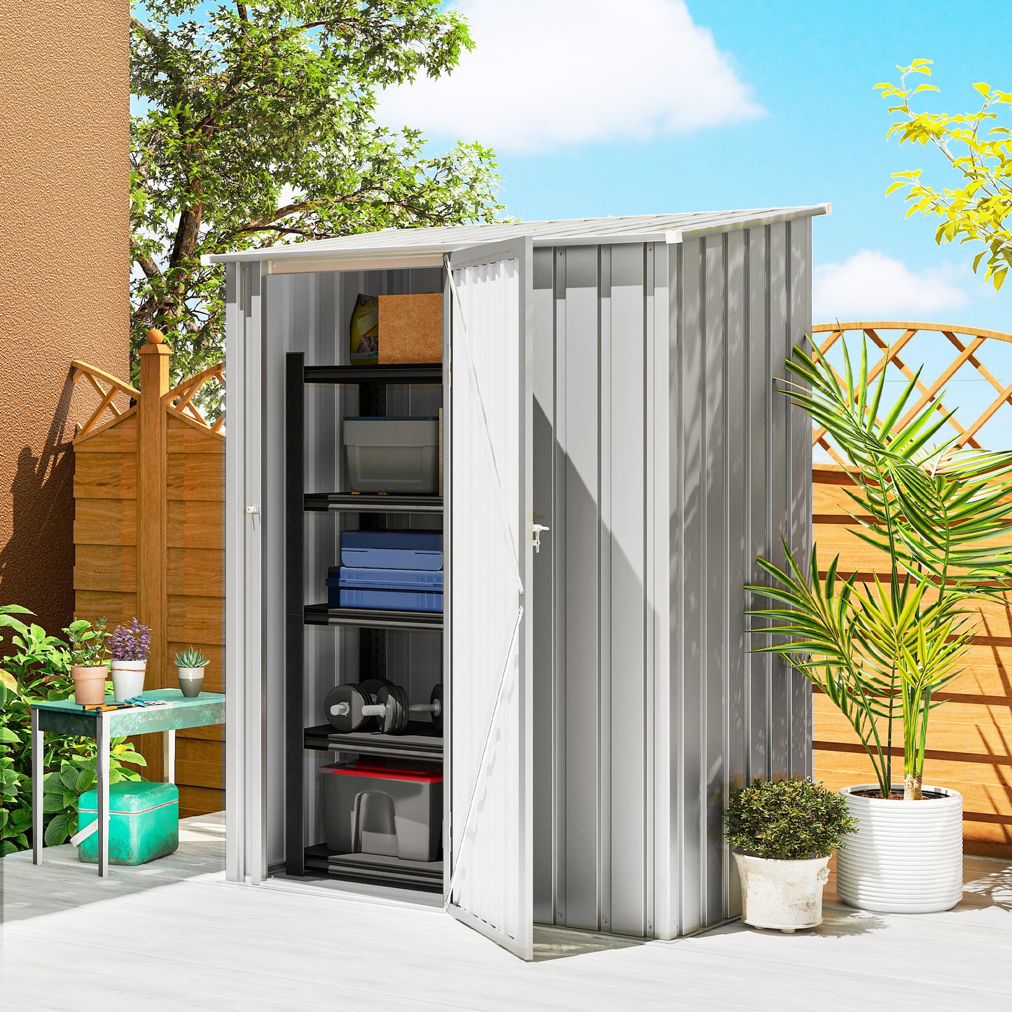 Corrugated Galvanised Steel Garden Storage Shed | Sloped Roof | Tall Latch Door | Pre-Drilled Panels | Weather-Resistant Coat | 142x86x189cm | 1.07m² | Tools & Bins | Aluminium Grey