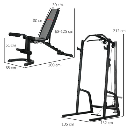 Smith Machine & Cable Pulley System with Adjustable Weight Bench, Multifunction Home Gym Power Rack with Lat Pull Down System, Barbell Rack