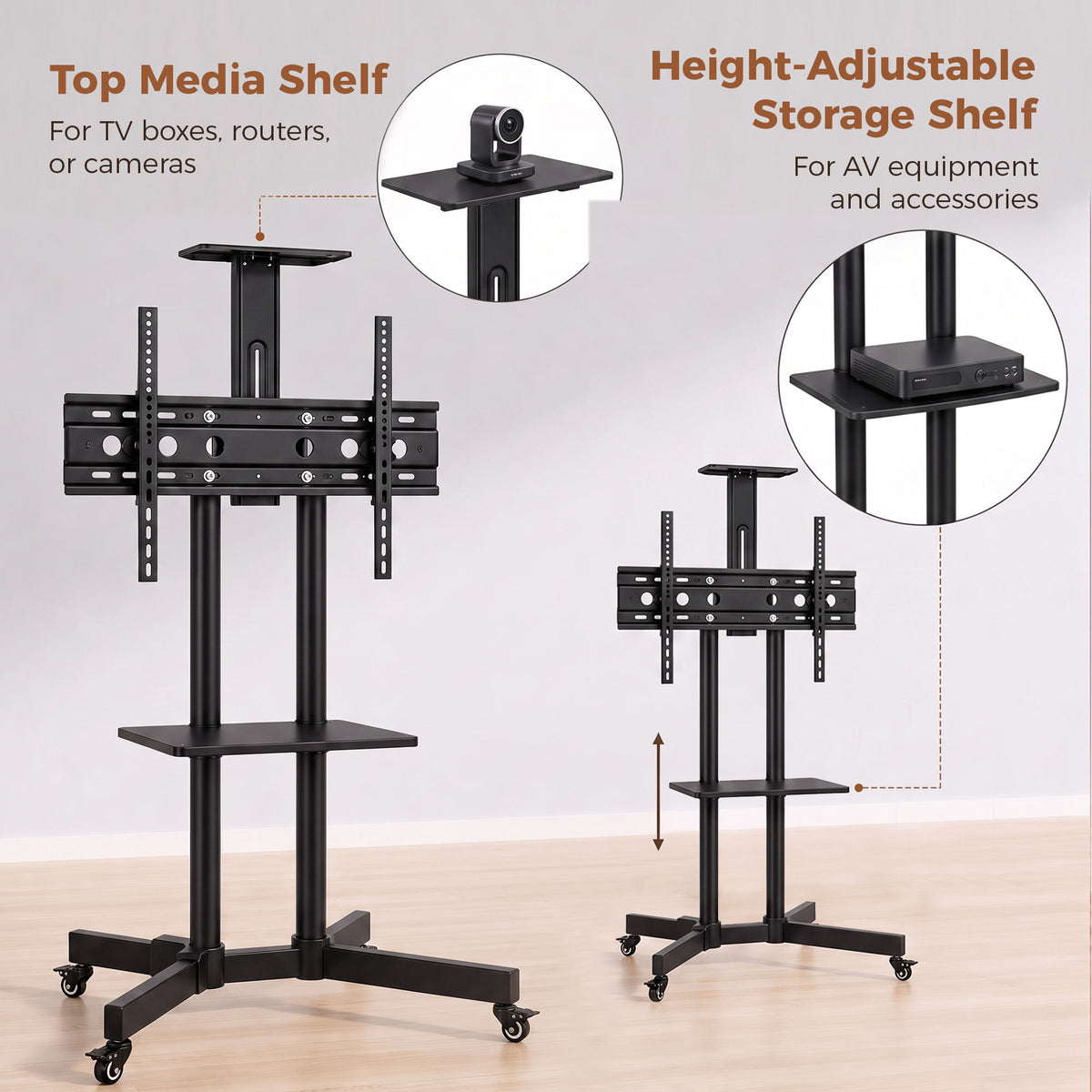 Mobile TV Stand on Wheels for 32-75 Inch TVs | 5-Level Height 120-187.5cm | ±15° Tilt | VESA up to 400x600mm | 50kg Load | 360° Locking Casters | Dual Shelves | Black