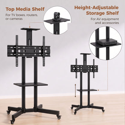 Mobile TV Stand on Wheels for 32-75 Inch TVs | 5-Level Height 120-187.5cm | ±15° Tilt | VESA up to 400x600mm | 50kg Load | 360° Locking Casters | Dual Shelves | Black