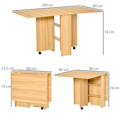 Retro Style Folding Dining Table, Drop Leaf Table for Small Spaces, Foldable Rectangular Tabletop with Storage Shelves for Kitchen, Dining Room, Teak