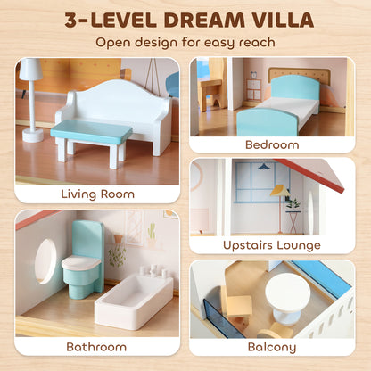 AIYAPLAY Wooden Dolls House | 3 Storeys & 5 Play Areas | 11 Movable Accessories | Balcony & Stairs | 66cm Tall | White | Ages 3+