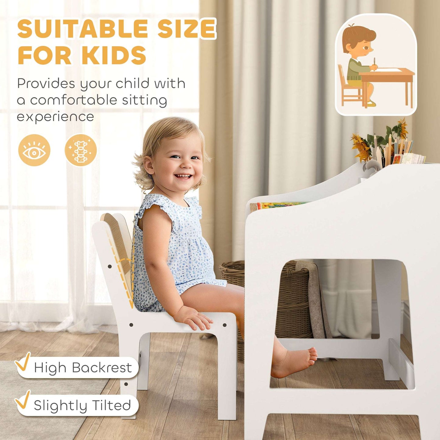 AIYAPLAY Kids Desk and Chair Set, Children Study Table with Storage and Shelves for Study Room, Gift for 3-8 Years, Natural
