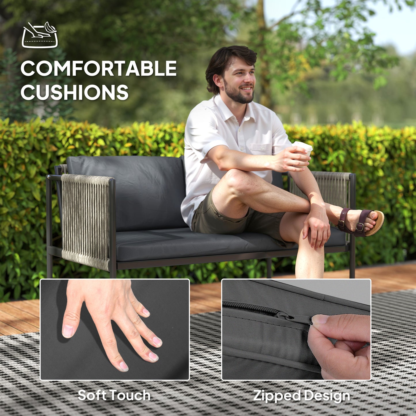 4 Piece Rattan Garden Furniture Set, 4 Seater Wicker Outdoor Furniture Set with 2 Armchairs, Loveseat, Glass Top Coffee Table, Grey