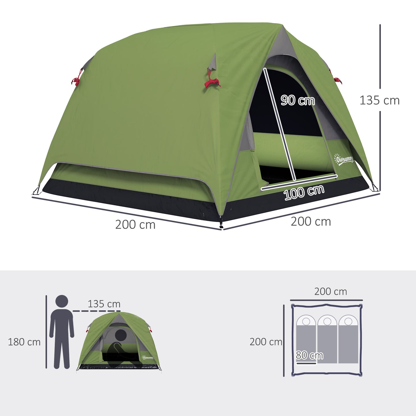 3-4 Person Camping Tent, Easy Set Up Waterproof Dome Tent with Sewn-in Groundsheet, Mesh Windows, Pocket and Hook for Camping, Green & Grey