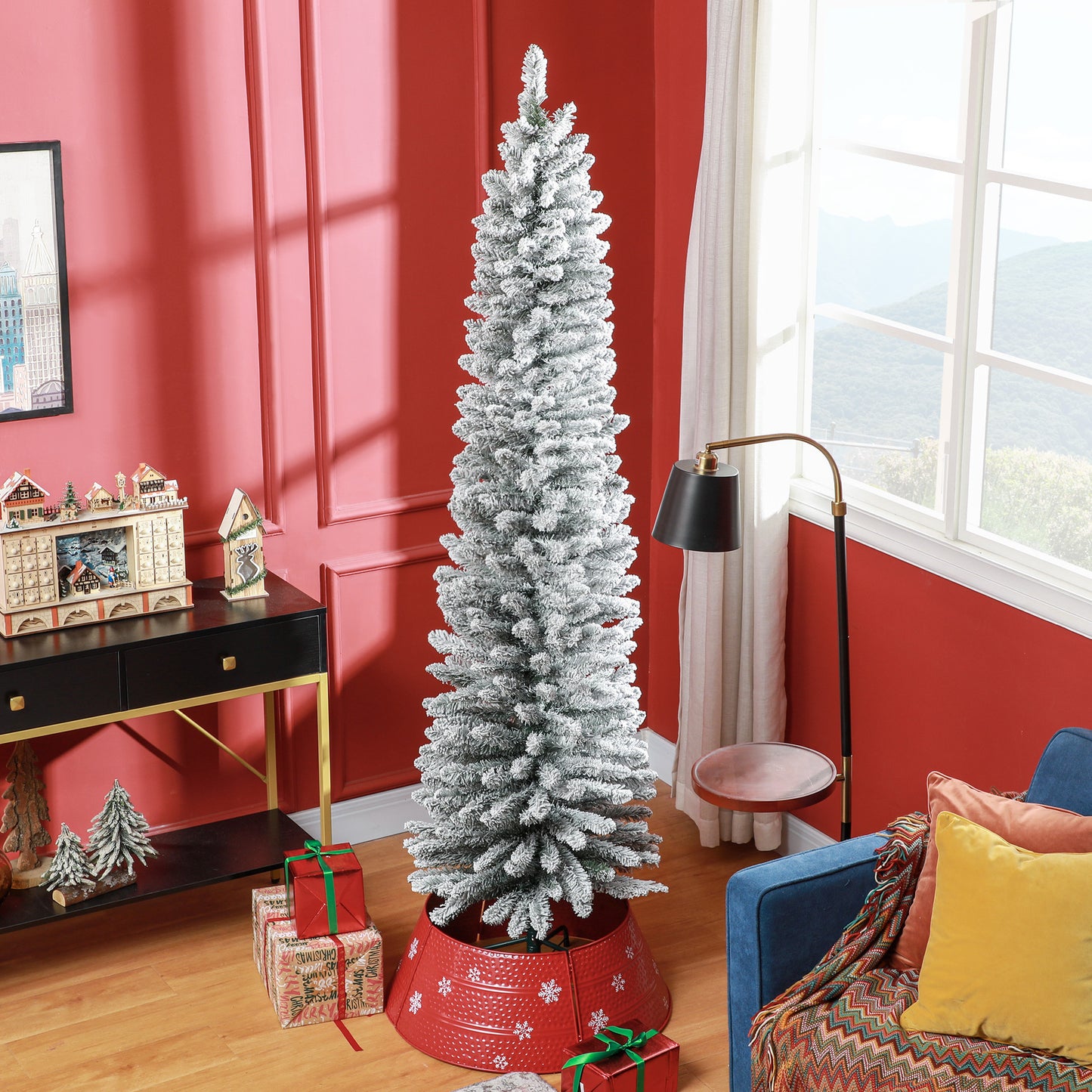 7ft Artificial Pencil Christmas Tree with 405 Snow Flocked Tips, Metal Base, Realistic Xmas Tree