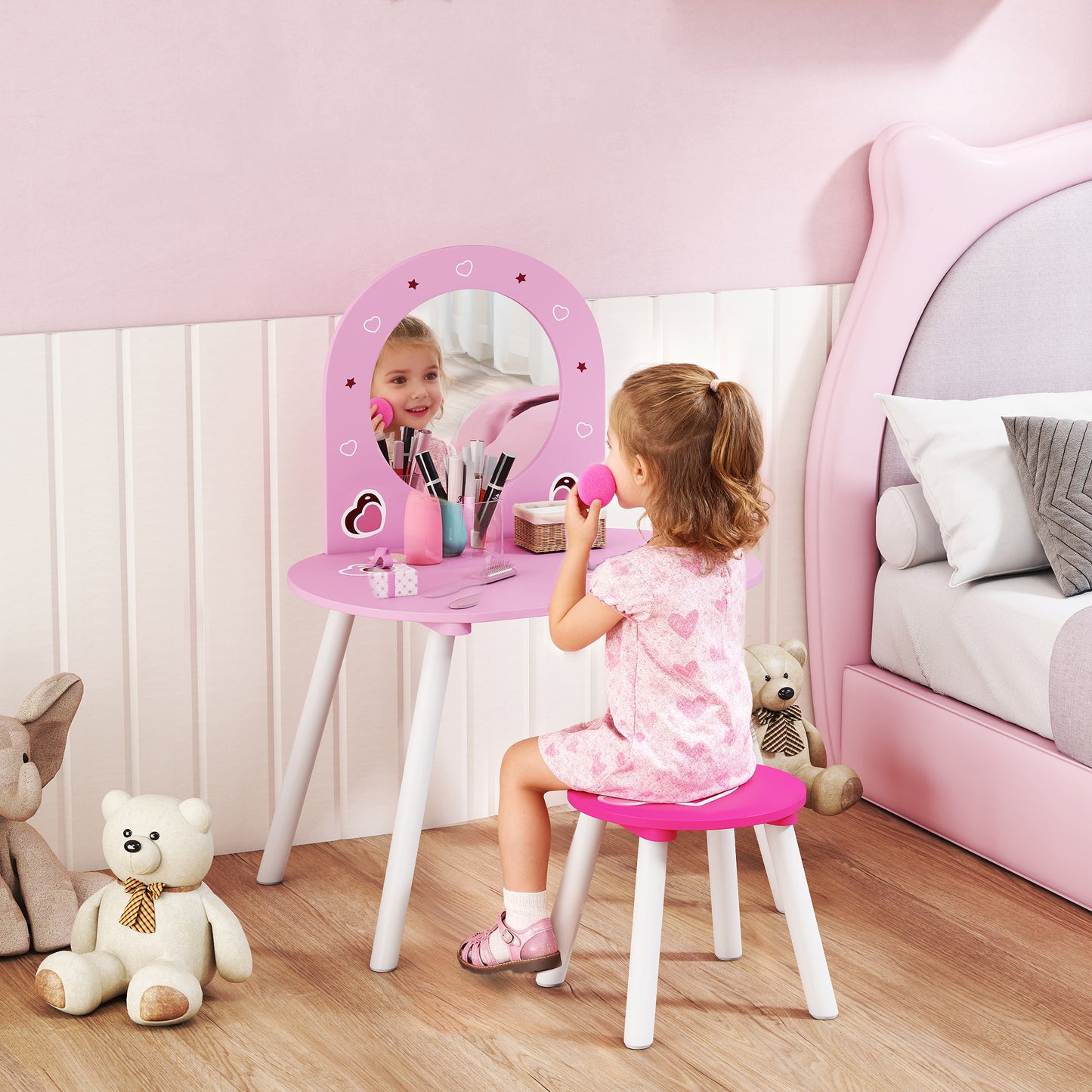 AIYAPLAY Kids Dressing Table with Mirror and Stool, Girls Vanity Set for Kids Room, Bedroom, Nursery, for Ages 3–6 Years, Pink