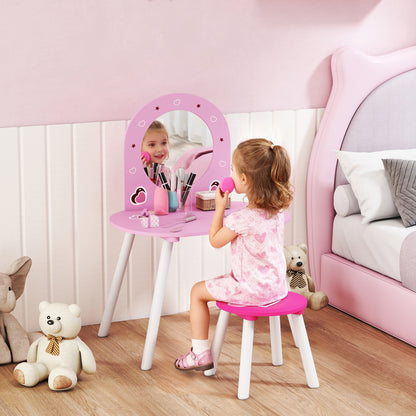 AIYAPLAY Kids Dressing Table with Mirror and Stool, Girls Vanity Set for Kids Room, Bedroom, Nursery, for Ages 3–6 Years, Pink
