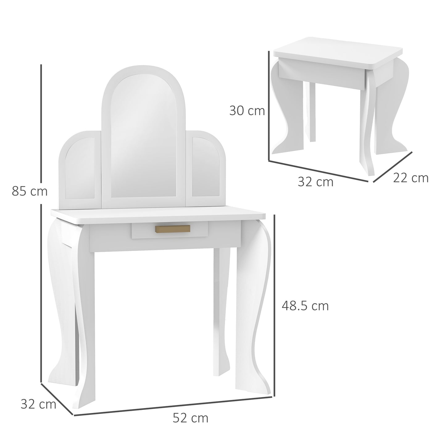 Kids Dressing Table Set, with Mirror and Drawer - White