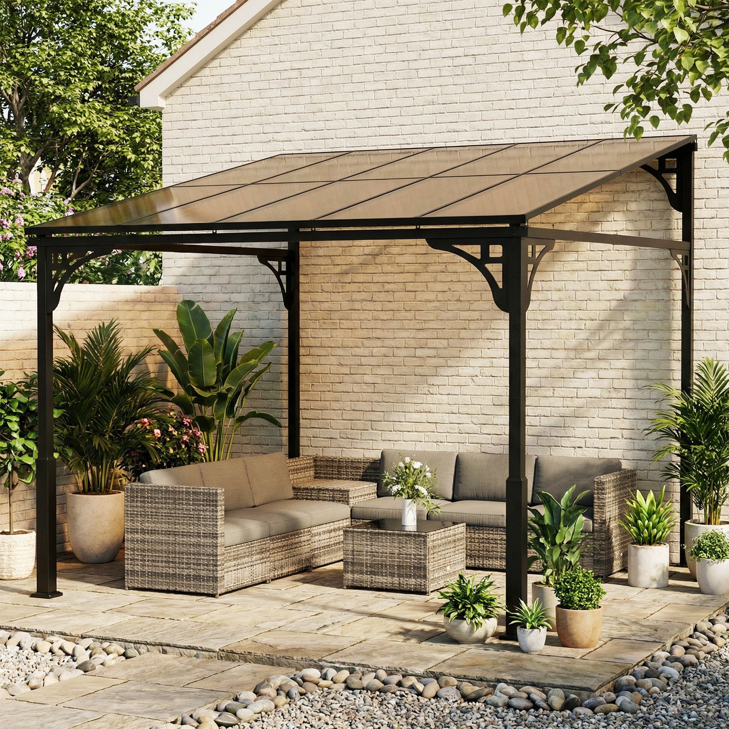 3x2.87m Wall Mounted Hardtop Lean-To Pergola | Polycarbonate Roof | Heavy-Duty Galvanised Frame | Reinforced Columns | Windproof Level 6 | Snow Load 5-10kg | All Hardware Included | Brown