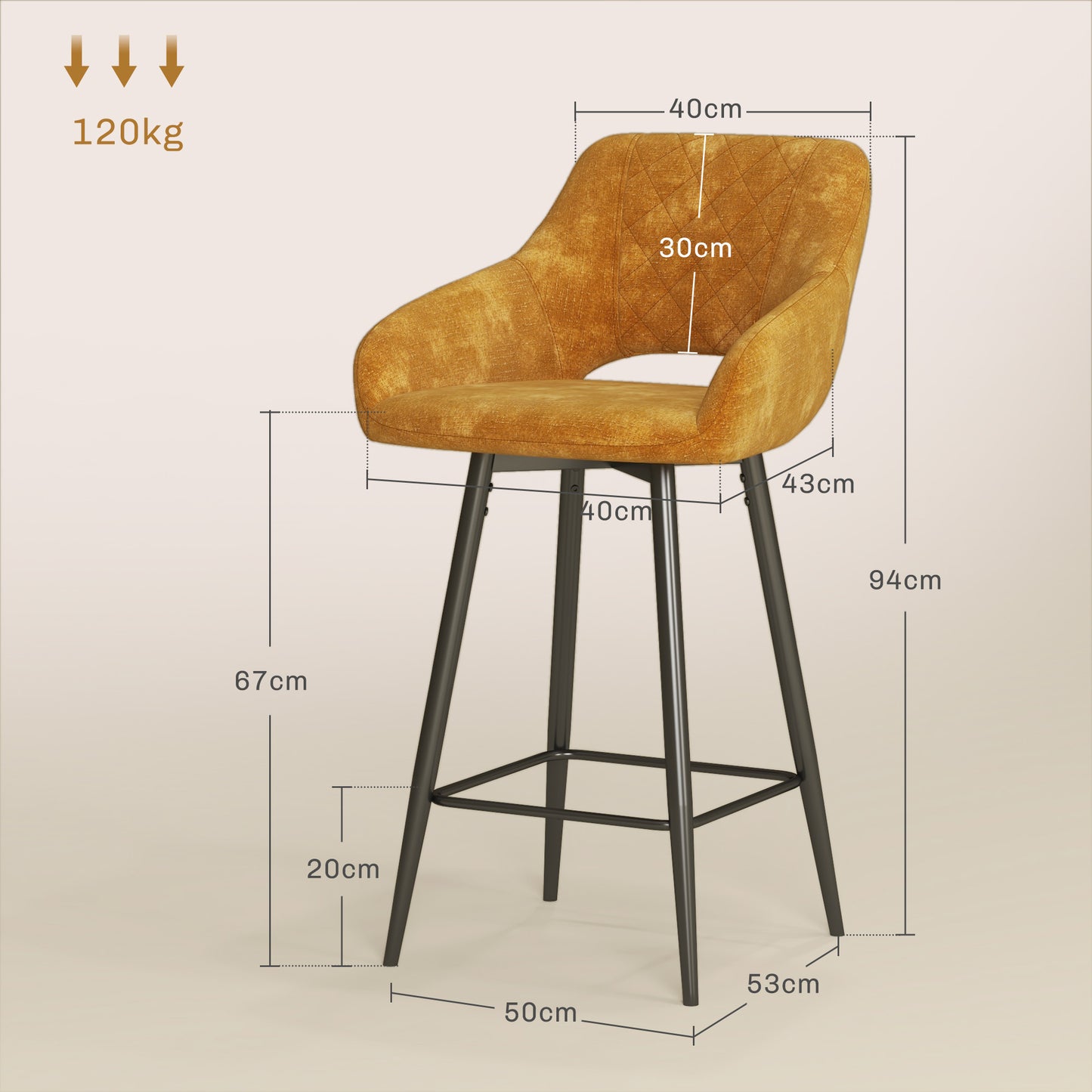 Retro Style Set of Two Velvet-Feel Bar Stools - Brown