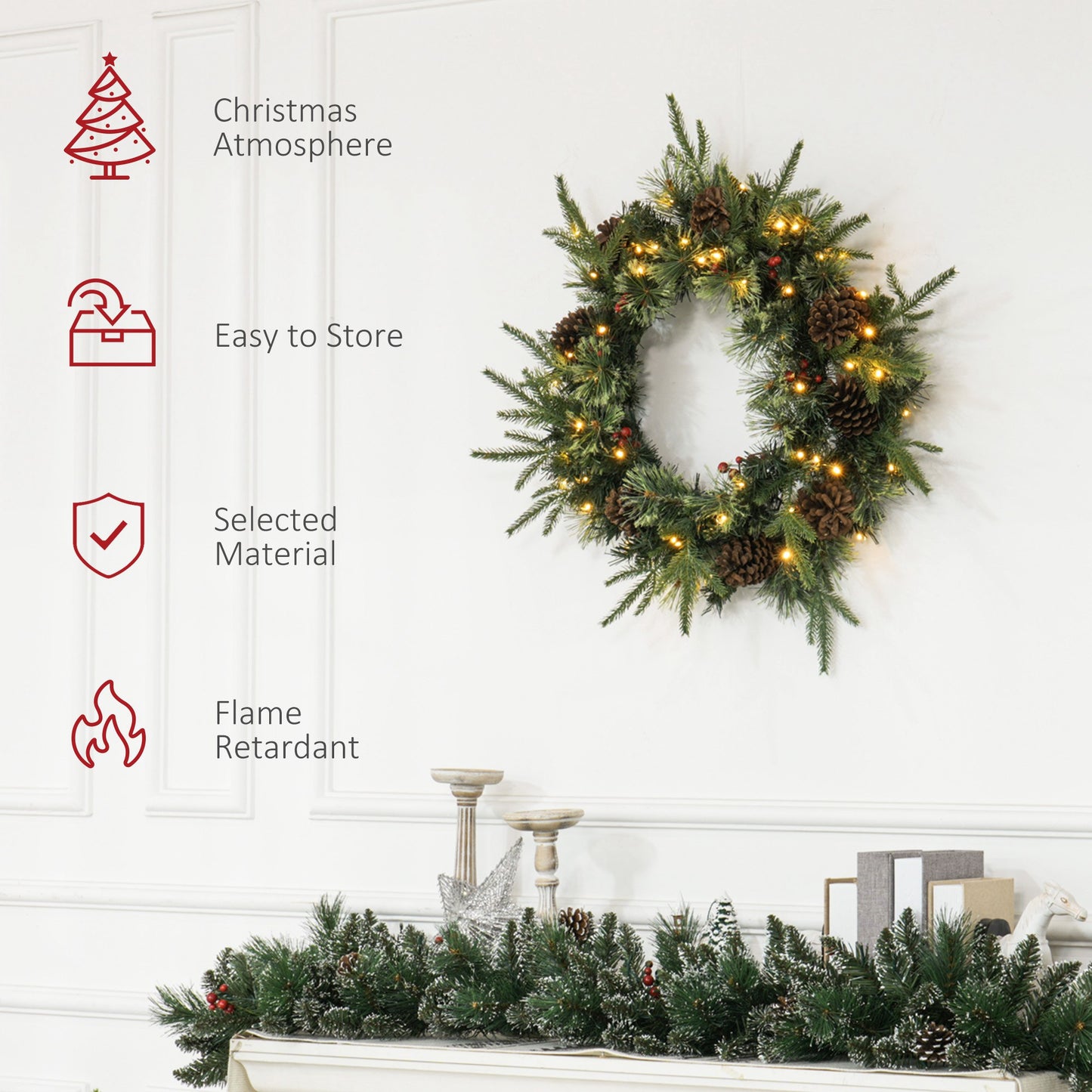 60cm Pre-Lit Christmas Wreath for Front Door with LED Lights, Pine Cones and Red Berries, Winter Wreath for Windows, Wall Decoration, Green