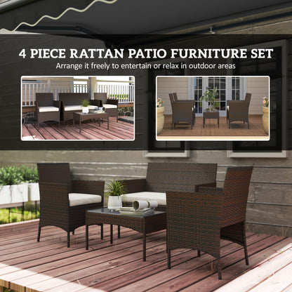 4-Piece PE Rattan Garden Sofa Set | Loveseat | 2 Armchairs | Tempered Glass Coffee Table | Powder-Coated Steel Frame | 2000h UV-Resistant PE Rattan | 5cm Zip Cushions | Protective Foot Pads | 240kg Loveseat Capacity | Brown