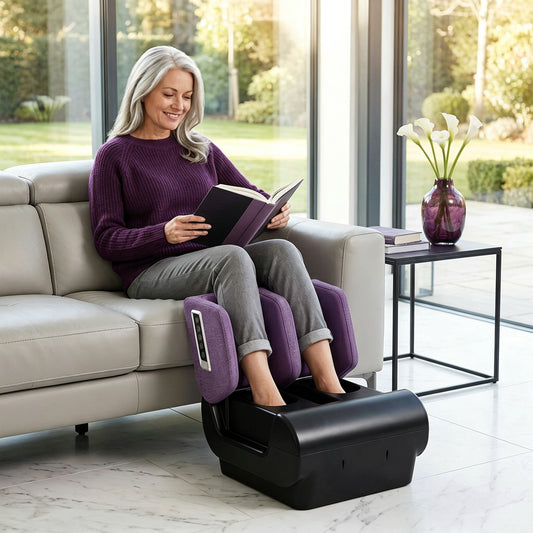 2-in-1 Foot & Calf Massager Ottoman | Heat | 360° Air Compression | 3 Modes & Intensities | Washable Sleeves | Purple & Black