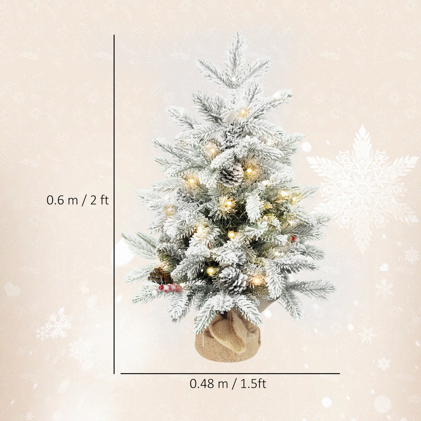 60 cm Prelit Small Christmas Tree with 35 LED Lights, Snow Flocked Tabletop Mini Xmas Tree with Pine Cones, Berry Clusters and Linen Cover Base, Battery Operated, Green