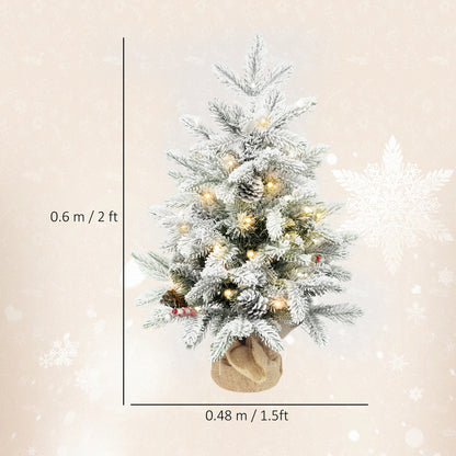 60 cm Prelit Small Christmas Tree with 35 LED Lights, Snow Flocked Tabletop Mini Xmas Tree with Pine Cones, Berry Clusters and Linen Cover Base, Battery Operated, Green