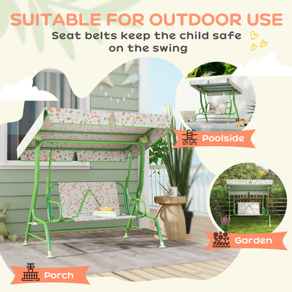 AIYAPLAY Kids Garden Swing Chair with Adjustable Canopy, Safety Belt, 2 Seater Hammock Swing Bench for Patio, Porch, Green / Pink