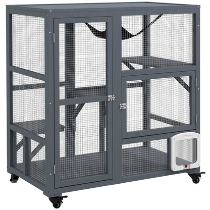 PawHut Cat Cage House, Catio Cat Outdoor Enclosure on Wheels, Weather-Resistant Wooden Kitty Cage W/ Platforms, 100L x 60W x 110Hcm - Light Grey