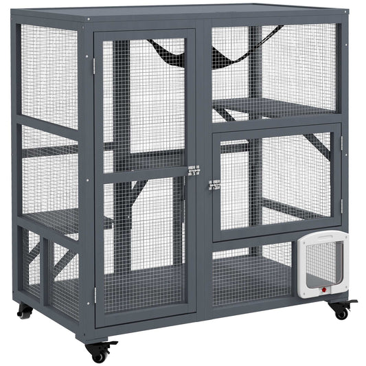 PawHut Cat Cage House, Catio Cat Outdoor Enclosure on Wheels, Weather-Resistant Wooden Kitty Cage W/ Platforms, 100L x 60W x 110Hcm - Light Grey