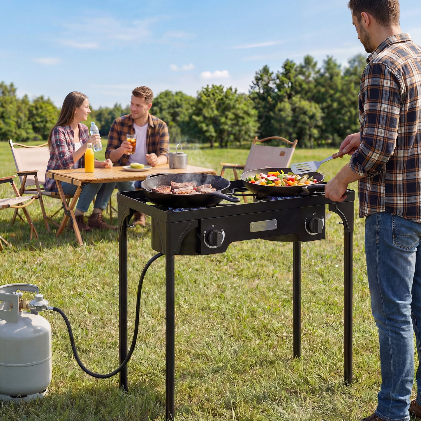 Outsunny Double Burner Camping Stove – 150,000 BTU High-Pressure Propane Gas Stove, Detachable Legs, Individual Heat Control, Regulator & Hose Included – Black