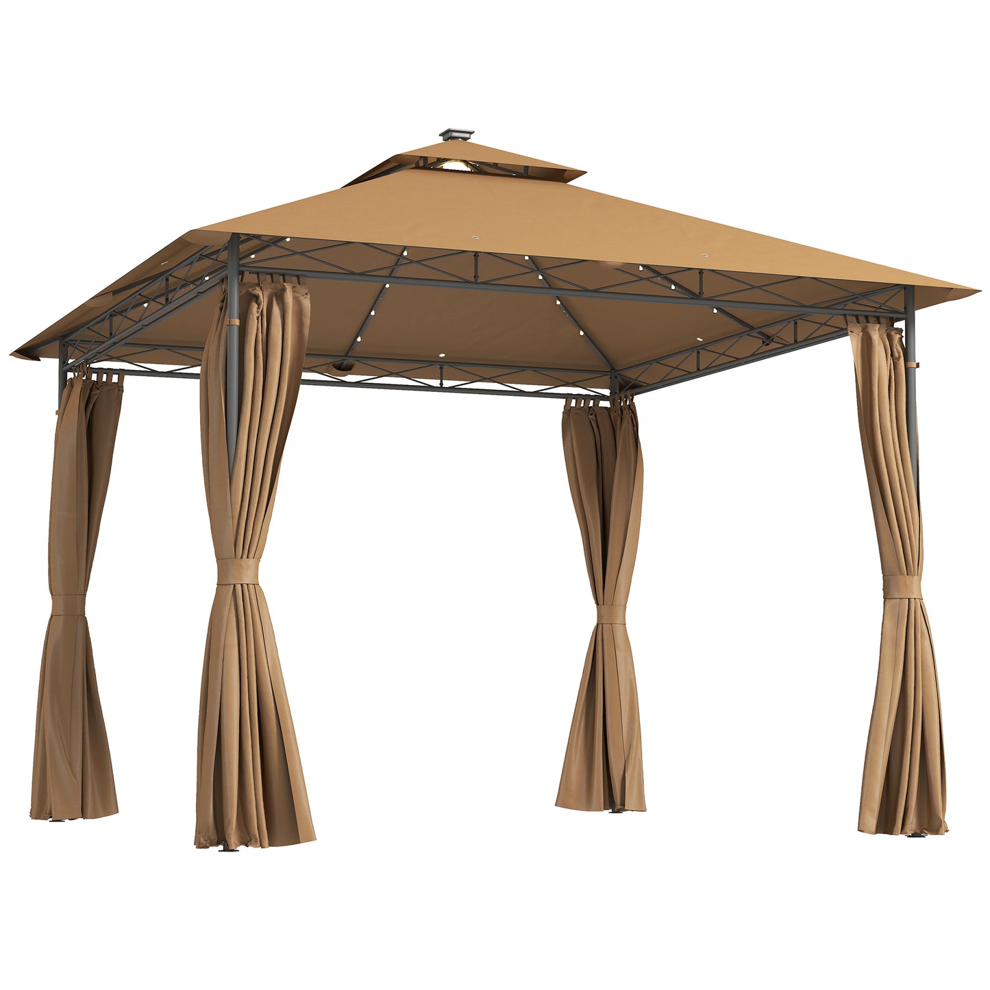 3 x 3 m Garden Gazebo, Double Roof Metal Gazebo with Curtains and Solar-Powered LED Lights, Outdoor Gazebo Canopy Shelter for Patio, Deck