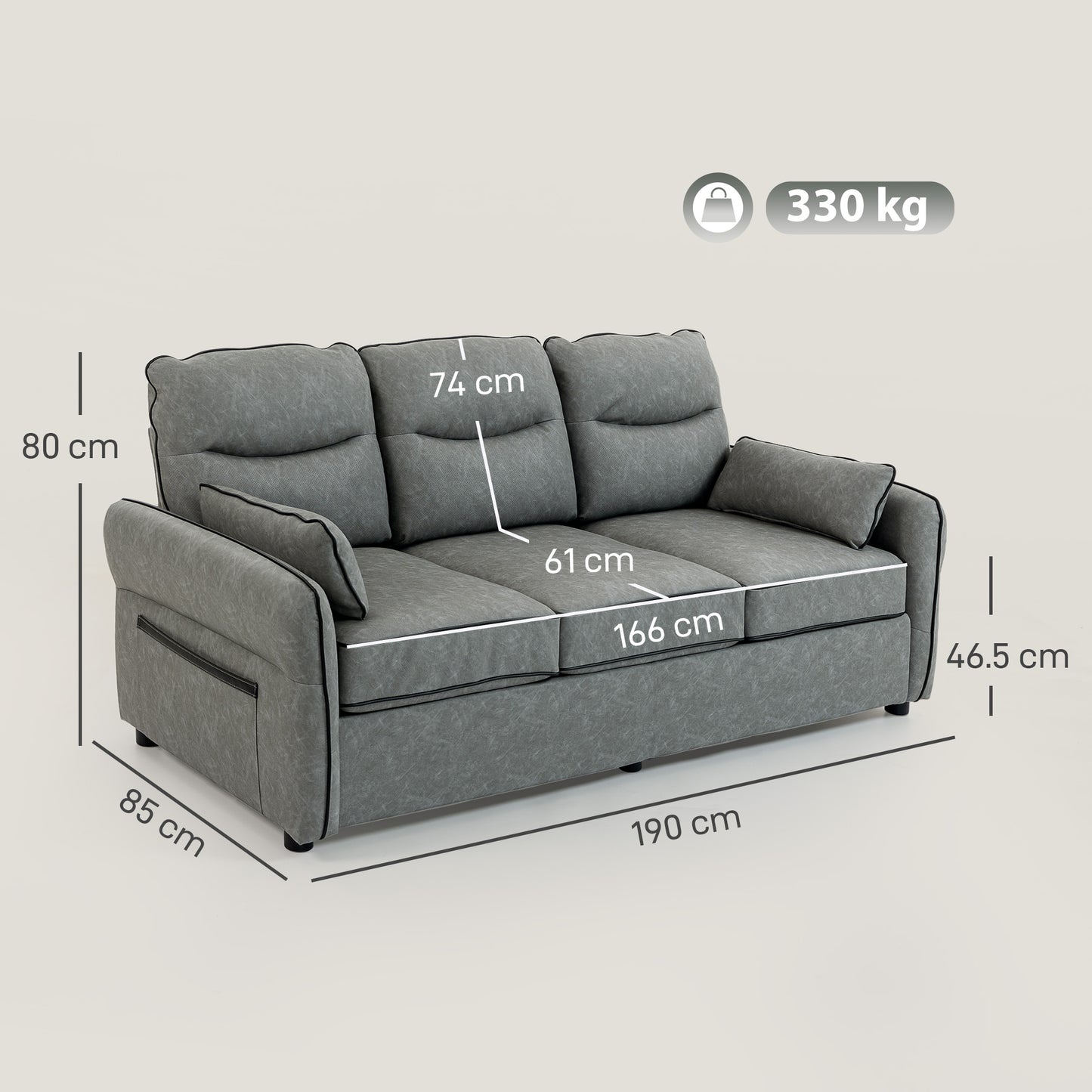 3-Seater Faux Leather Sofa | S-Spring Support | 20cm Seat | Side Pockets | 2 Pillows | Fire-Retardant | 330kg | 190cm | Grey