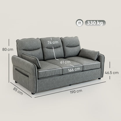 3-Seater Faux Leather Sofa | S-Spring Support | 20cm Seat | Side Pockets | 2 Pillows | Fire-Retardant | 330kg | 190cm | Grey