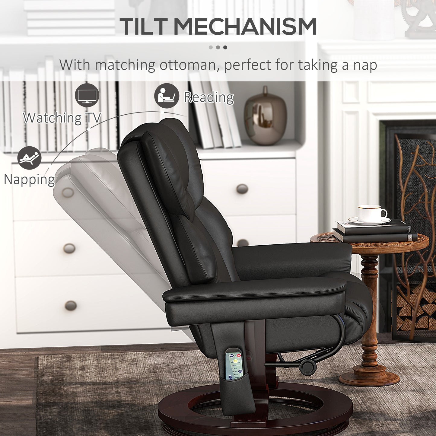 Massage Recliner Chair with Footstool, Upholstered Reclining Armchair with Adjustable Backrest, Steel Frame and Wood Base, Swivel Chair