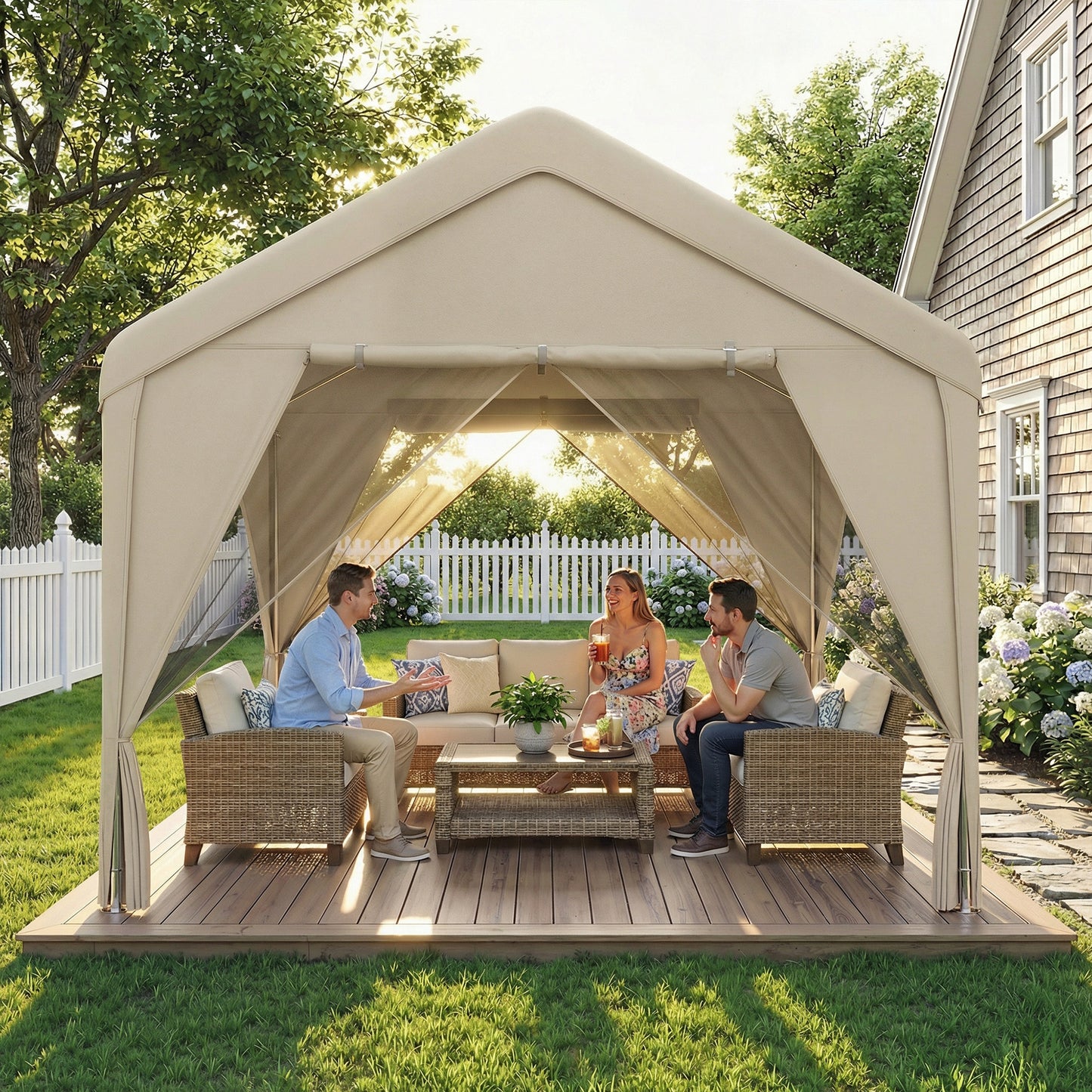3x3m Patio Gazebo with Netting & Curtains | Dual-Layer Sidewalls | Mesh Apex Roof UV30+ | PVC-Coated Fabric | Flexible 4-Entry Door System | Galvanised Steel Frame | Windproof Level 4-6 | Snow Rated | Khaki