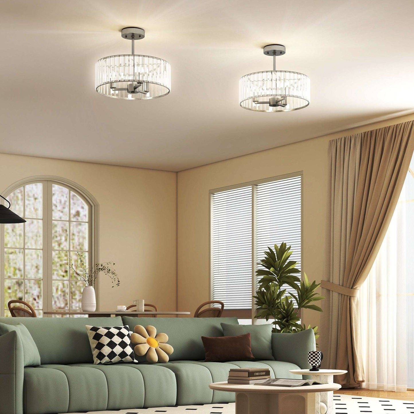 Set of 2 Crystal Ceiling Lights | Semi Flush Mount | 3-Light E14 | Modern Chandelier Style | Metal Frame | Clear Crystal Shade | Φ39x32cm | 40W AC220-240V | Silver Tone