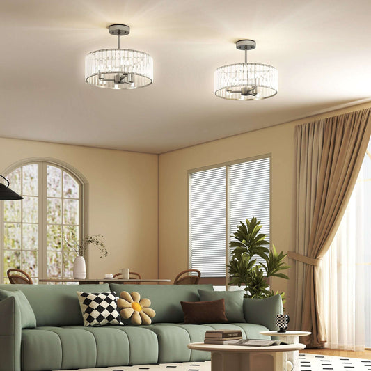 Set of 2 Crystal Ceiling Lights | Semi Flush Mount | 3-Light E14 | Modern Chandelier Style | Metal Frame | Clear Crystal Shade | Φ39x32cm | 40W AC220-240V | Silver Tone