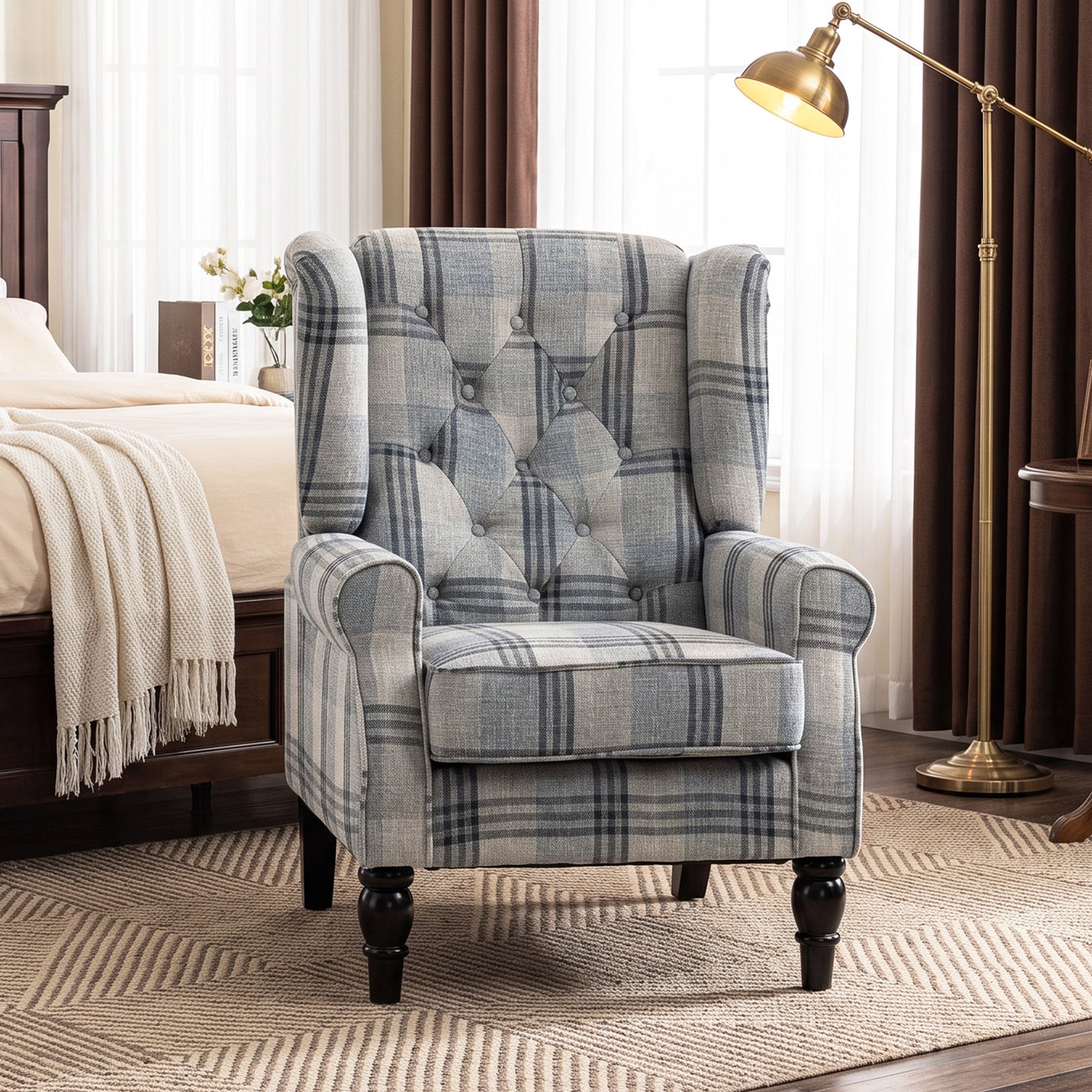 Retro Wingback Armchair | Faux Linen Mixed Plaid | Pocket Spring Cushion | Deep Tufted High Back | Solid Wood Legs