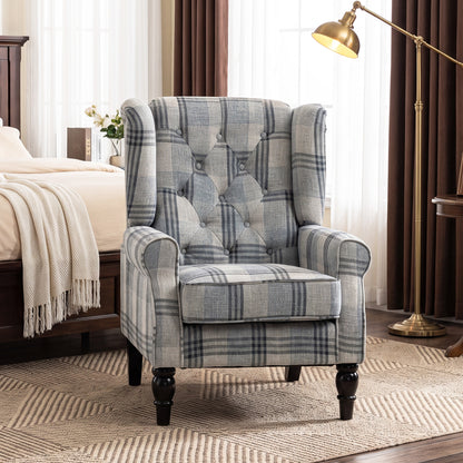 Retro Wingback Armchair | Faux Linen Mixed Plaid | Pocket Spring Cushion | Deep Tufted High Back | Solid Wood Legs