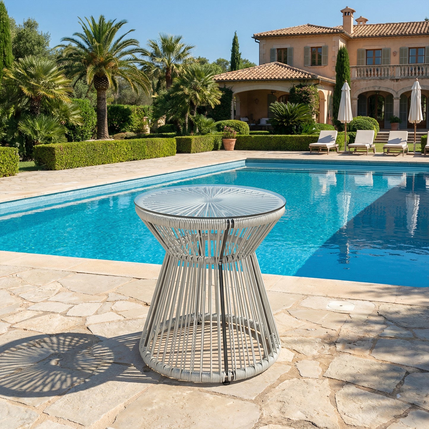 Rattan Bistro Side Table | PE Wicker String Design | 5mm Tempered Glass Top | Dia 40x42cm | Powder Coated Steel | 30kg | No Assembly | Light Grey