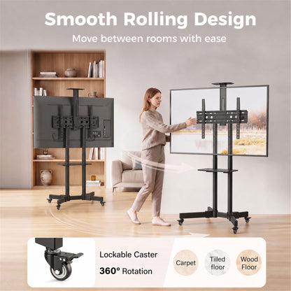 Mobile TV Stand on Wheels for 32-75 Inch TVs | 5-Level Height 120-187.5cm | ±15° Tilt | VESA up to 400x600mm | 50kg Load | 360° Locking Casters | Dual Shelves | Black