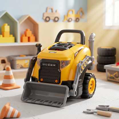 Kids Excavator Engine Toy | Yellow Pretend Play Mechanic Workshop with 63 Parts & 4 Tools