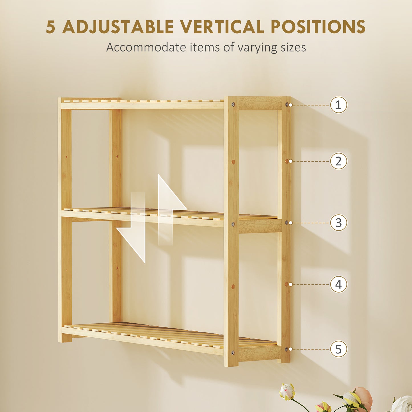 3-Tier Bamboo Bathroom Storage Shelf, Wall-Mounted or Stand, Display Stand Shelving Unit with Adjustable Rack, Natural