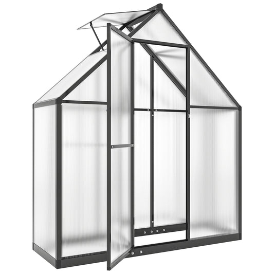 Outsunny Polycarbonate Greenhouse with Swing Door and Adjustable Window, Walk-in Greenhouse, 5.5 x 6.5ft, Black