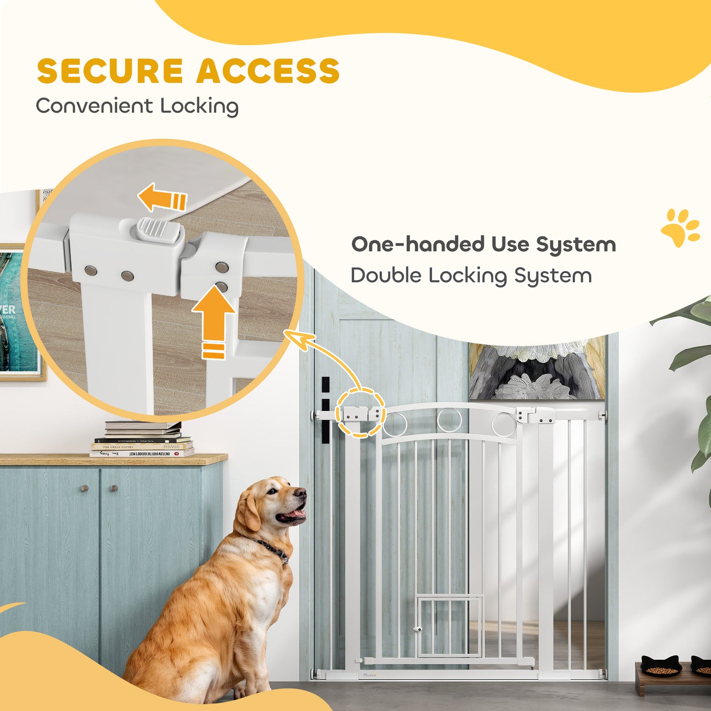 PawHut 96cm Tall Dog Gate with Cat Door, 7cm and 14cm Extensions, for Stairs & Doorways, 76-104cm Width