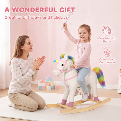 Kids Rocking Horse Unicorn with Sound Button | Wide Anti-Tip Base & Rocking Stoppers | Head Handles | Fixed Wood Footrests | Faux Linen & PP Cotton | 25kg Max | 71x30x68cm | Ages 12–36 Months | Cream