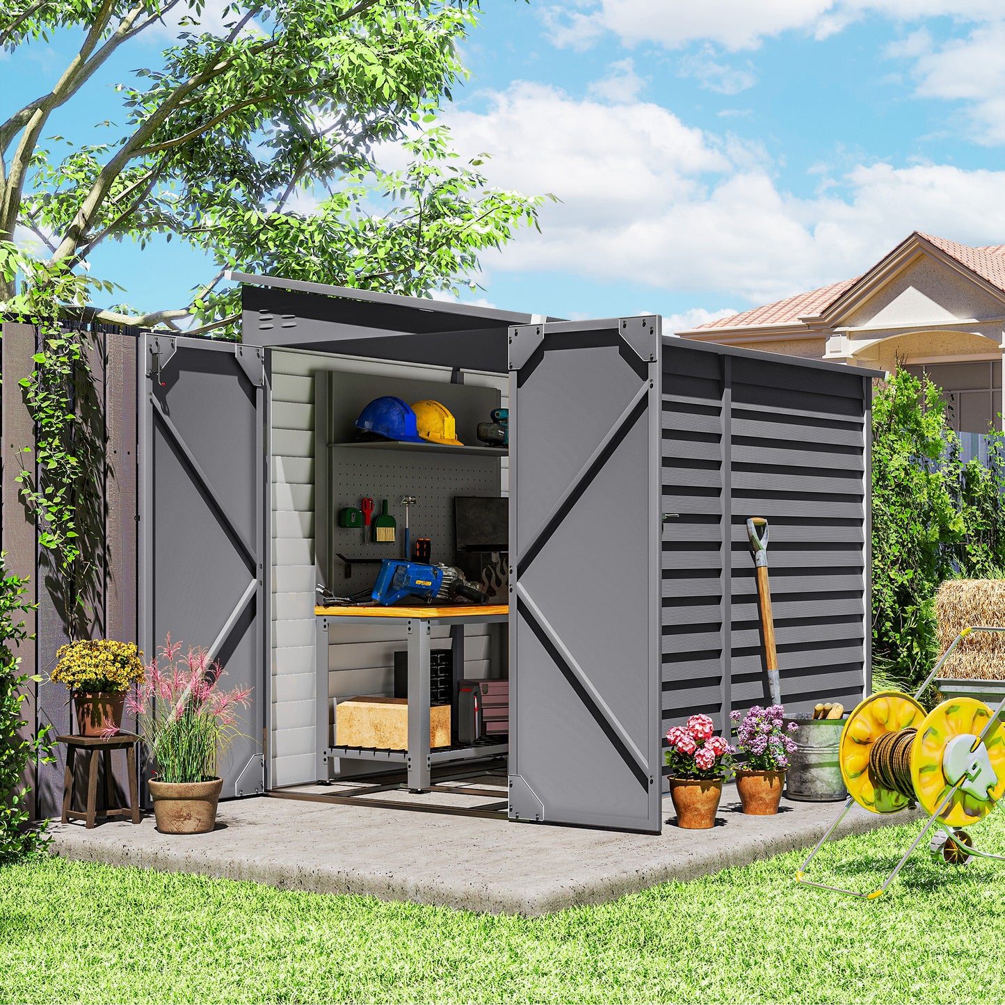 5 x 9ft Galvanised Metal Garden Shed with Foundation Kit, Outdoor Lean-to Shed, Tool Storage House with Lockable Doors, Grey
