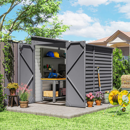 5 x 9ft Galvanised Metal Garden Shed with Foundation Kit, Outdoor Lean-to Shed, Tool Storage House with Lockable Doors, Grey