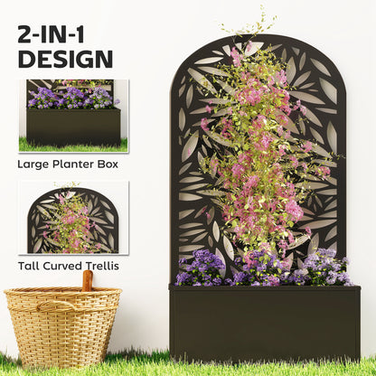 Metal Raised Planter with Curved Leaf Trellis & Privacy Screen | Wall Mounted or Freestanding | 29L Soil | 50kg | Powder-Coated | 61x23x113cm | Climbing Plants | Black