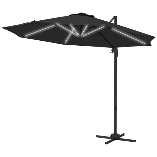 Outsunny 3(m) Adjustable Cantilever Parasol with Base, Solar LED Lights, Dark Grey