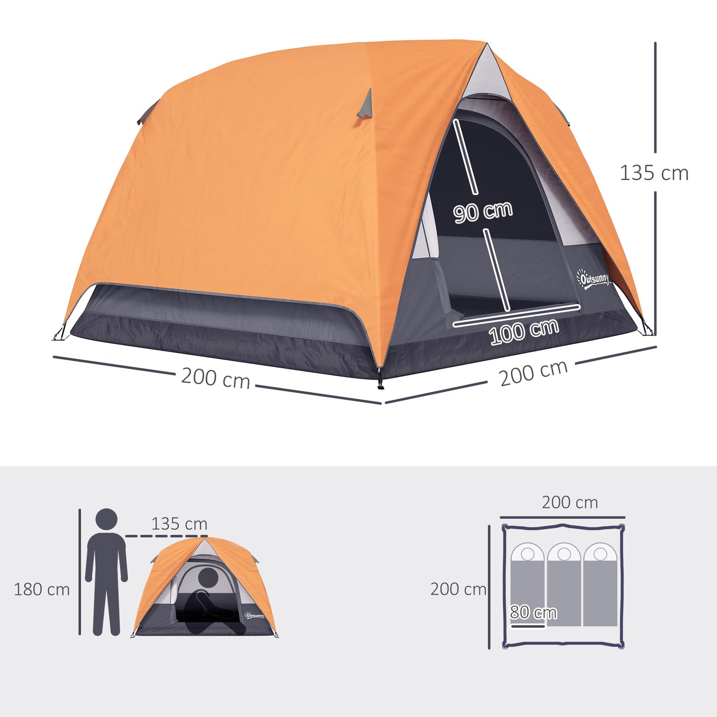 3-4 Person Camping Tent, Easy Set Up Waterproof Dome Tent with Sewn-in Groundsheet, Mesh Windows, Pocket and Hook for Camping, Orange & Grey