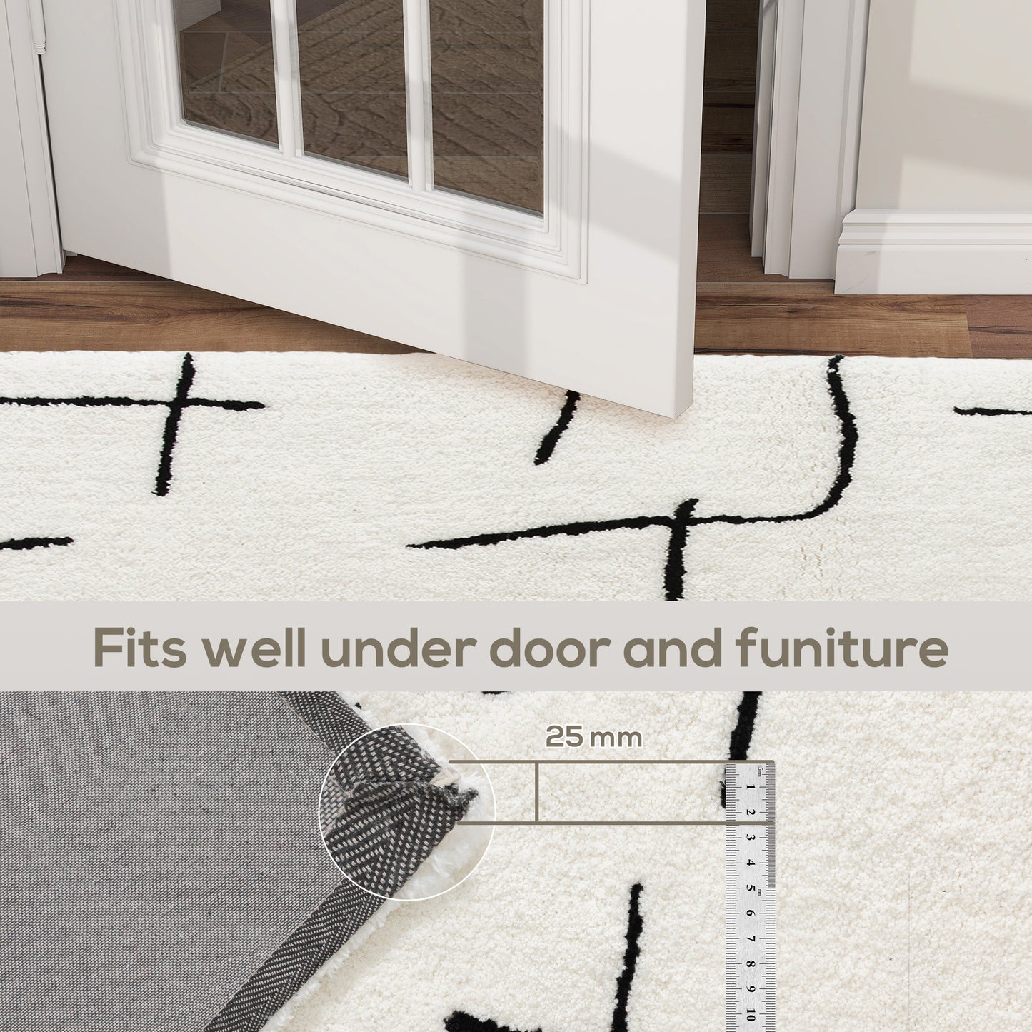 Modern Fluffy Geometric Area Rug | 100% Polyester High Pile | Washable | Cream Abstract Pattern | 170x120cm | Living Room Bedroom Dining Room Home Office