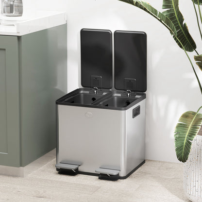 30L Dual Compartment Stainless Steel Bin, with Deodoriser Holders - Silver Tone